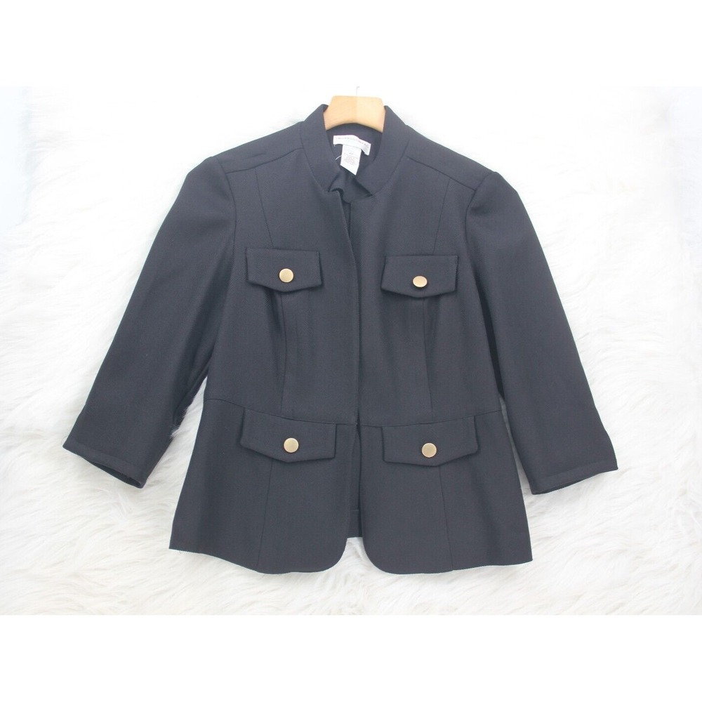 Draper's & Damon's Petites Womens Suit Jacket Blazer Sz 6P Black Gold Button 367
